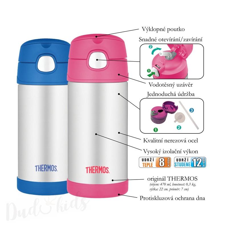 Dětská nerezová termoska THERMOS s brčkem kočička