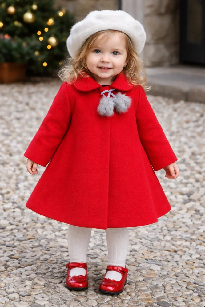 Elegantní kabátek s kožešinovými bambulkami červený zn. Barnaba