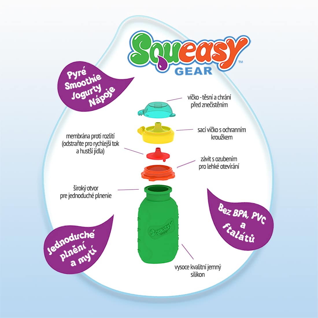 Squeasy Gear silikonová kapsička 104 ml pro zdravé krmení dětí měkká AQUA - zelená
