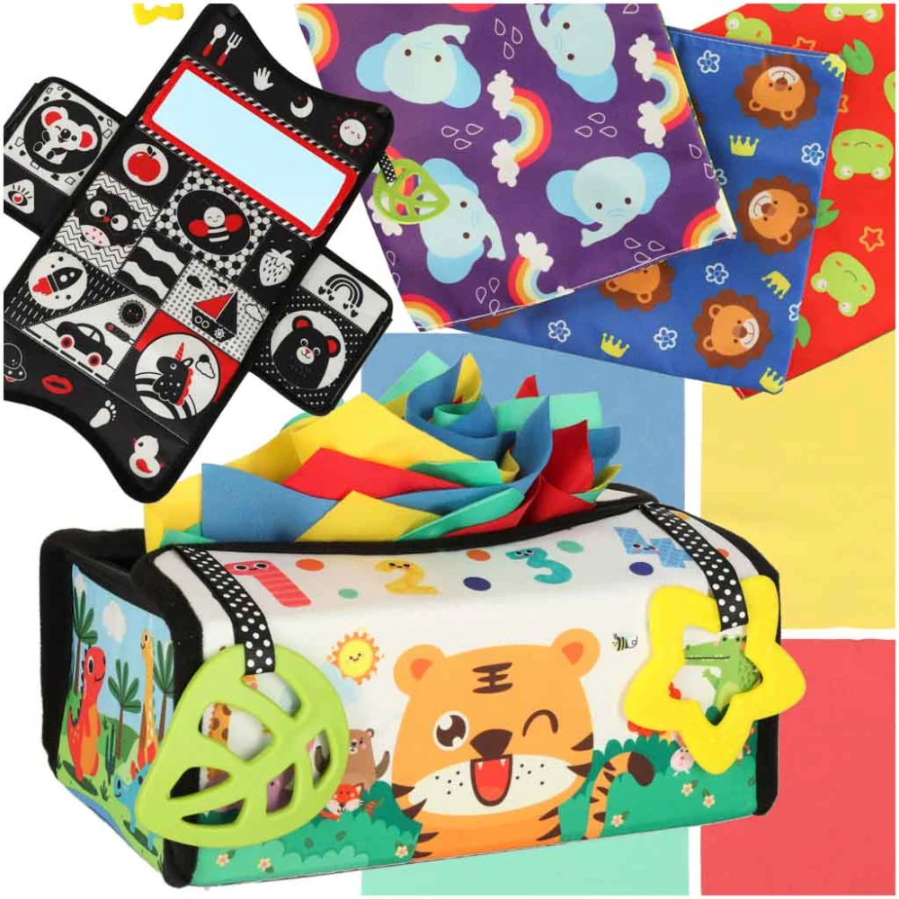 Třídicí box s kapesníky senzorická podložka Montessori 2v1