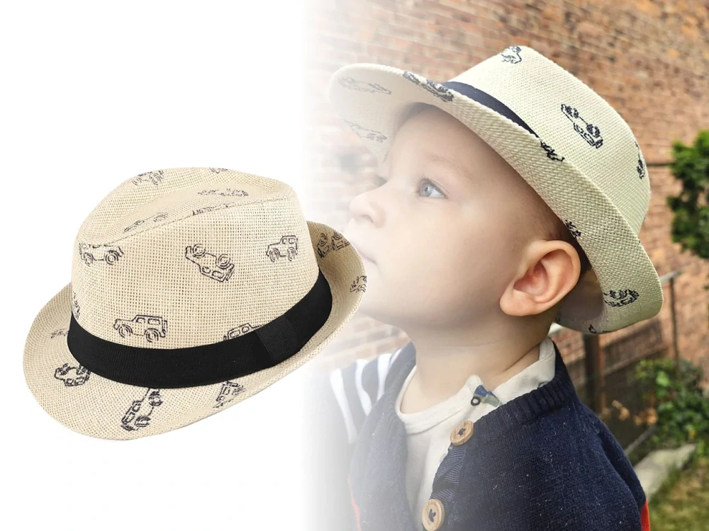 Dětský letní  klobout slamák auta přírodní  54 cm