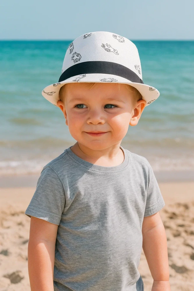 Dětský letní  klobout slamák auta bílý  54 cm