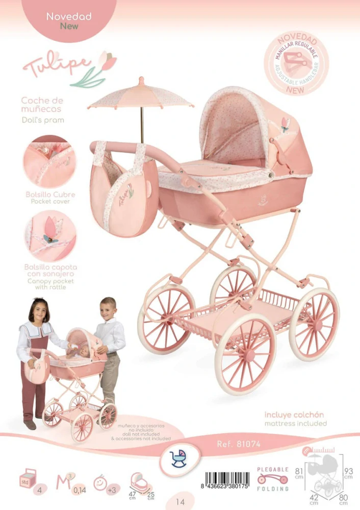 Dětský luxusní skládací kočárek pro panenku DeCuevas s taškou Tulipe lososový