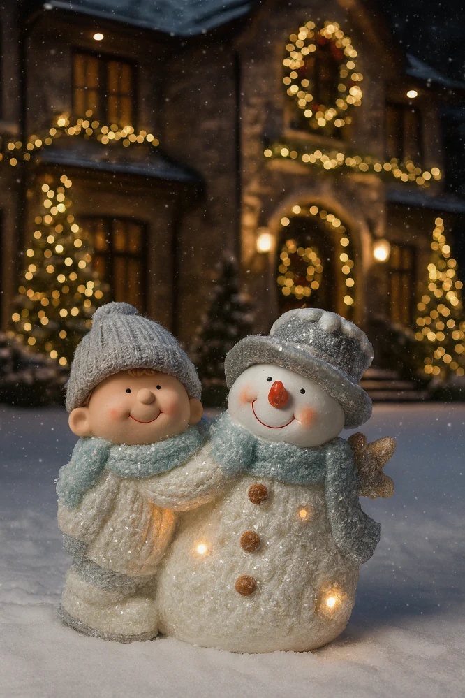 Dekorace -  Kluk v čepici a zásněžený sněhulák LED svítící 39x35cm