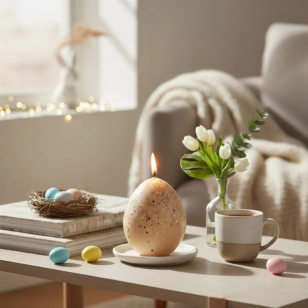 Svíčka vajíčko Egg in Spots – Stylová dekorace v béžovém provedení (70x100 mm)