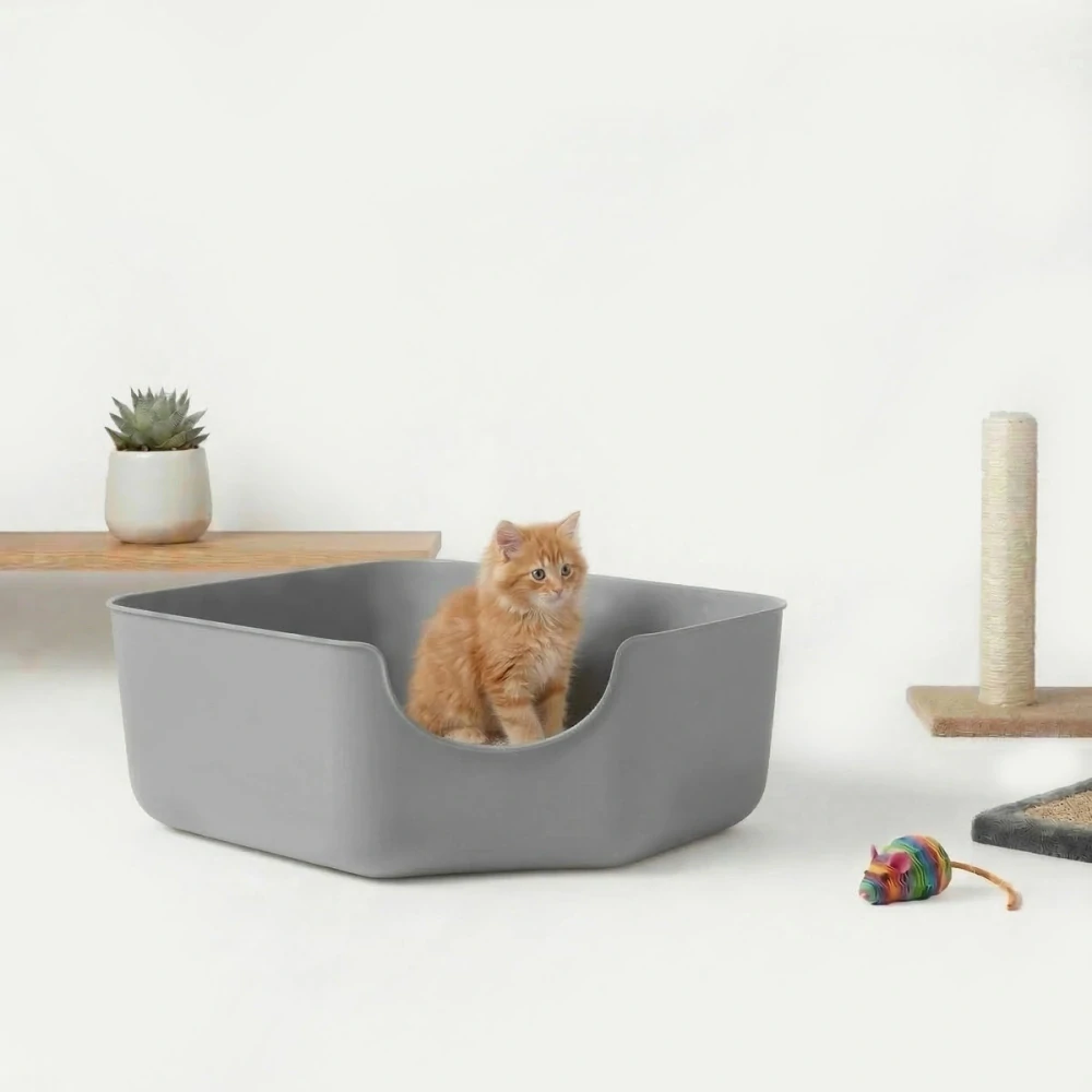 Carinio ROH otevřená toaleta pro kočky s koženou rukojetí a lopatkou - šedá