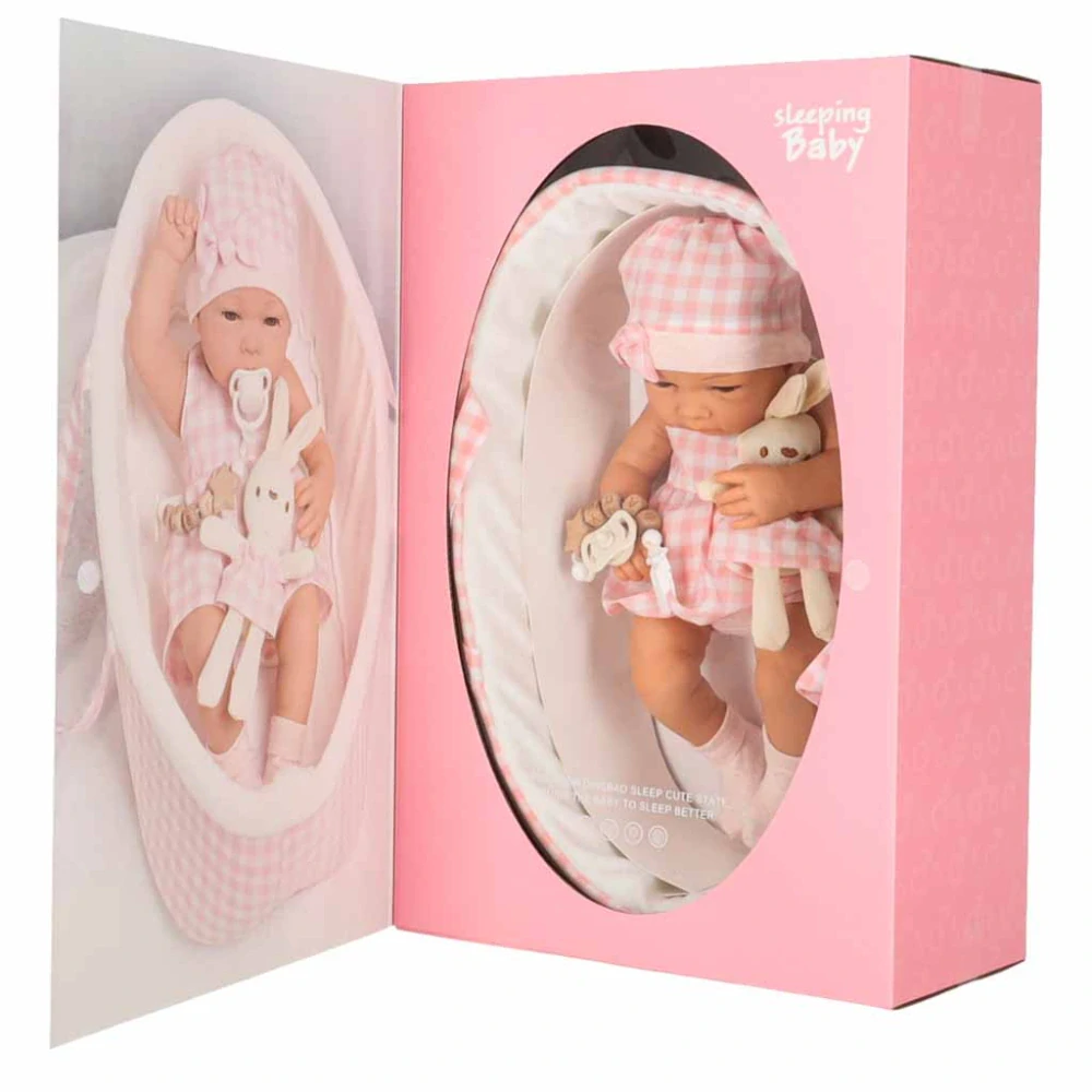 Realistická panenka miminko Lovely Baby 38cm v látkovém nosítku s králíčkem - růžová