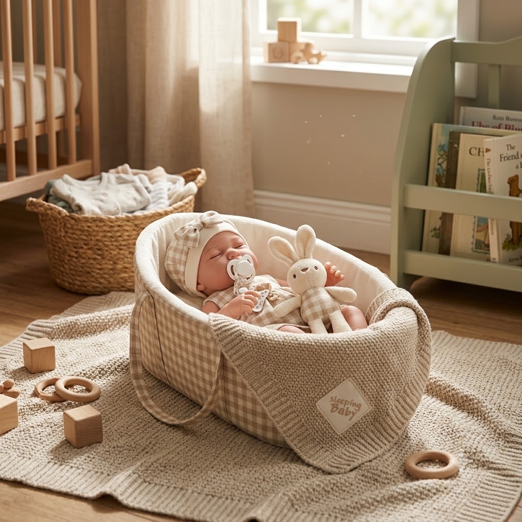 Realistická panenka miminko Lovely Baby 38cm v látkovám nosítku s králíčkem - béžová