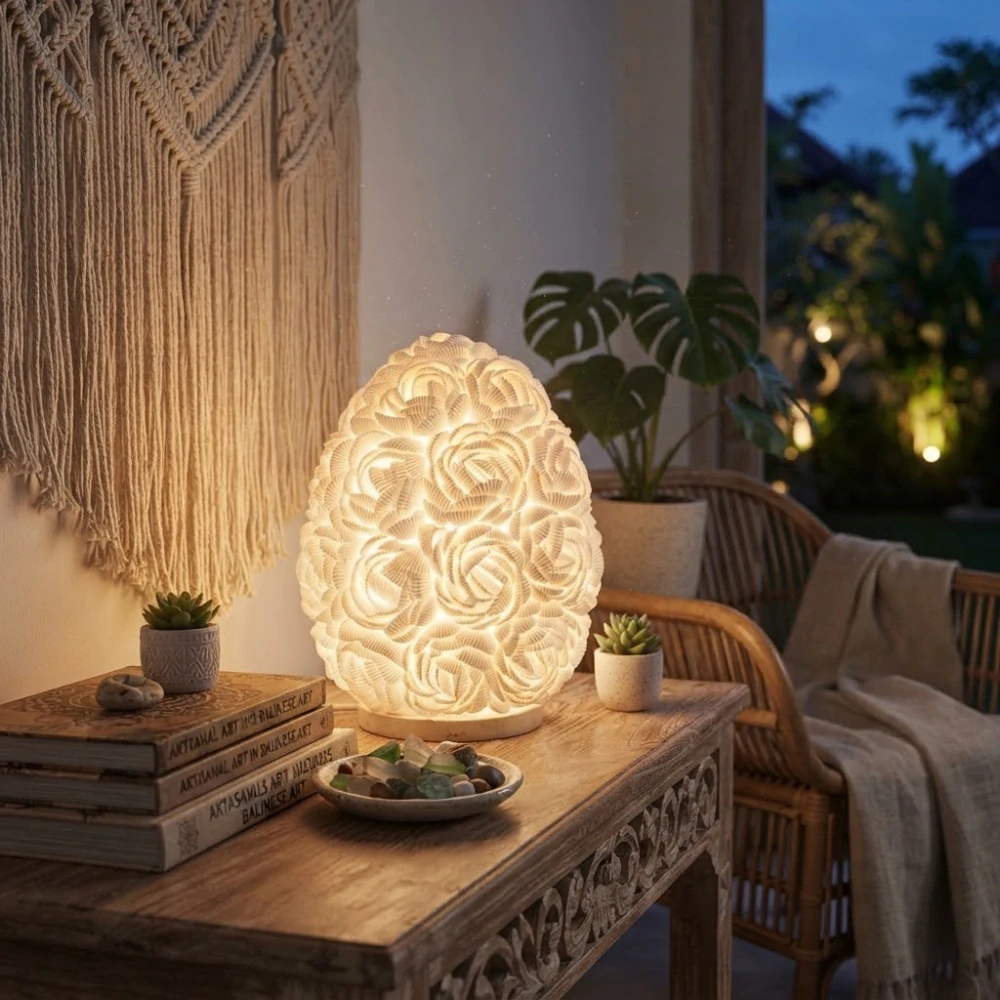 Boho Lampa z Mořských Mušlí - Ovál z Růží - 20cm