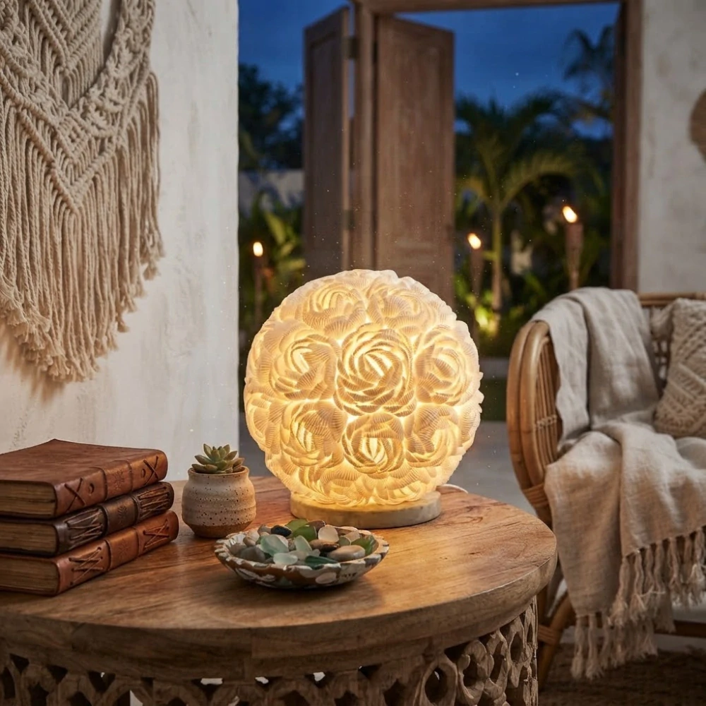 Boho Lampa z Mořských Mušlí - Glóbus z Růží - 20cm