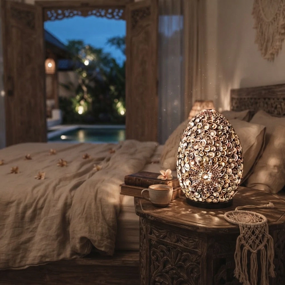 Boho Lampa z Mořských Mušlí - Ovál Čokoládový Twist - 20cm