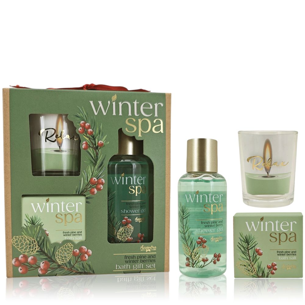 ACCENTRA Koupelová sada Winter Spa se skleněným svícnem – Zimní ovoce (100 ml + 80 g)