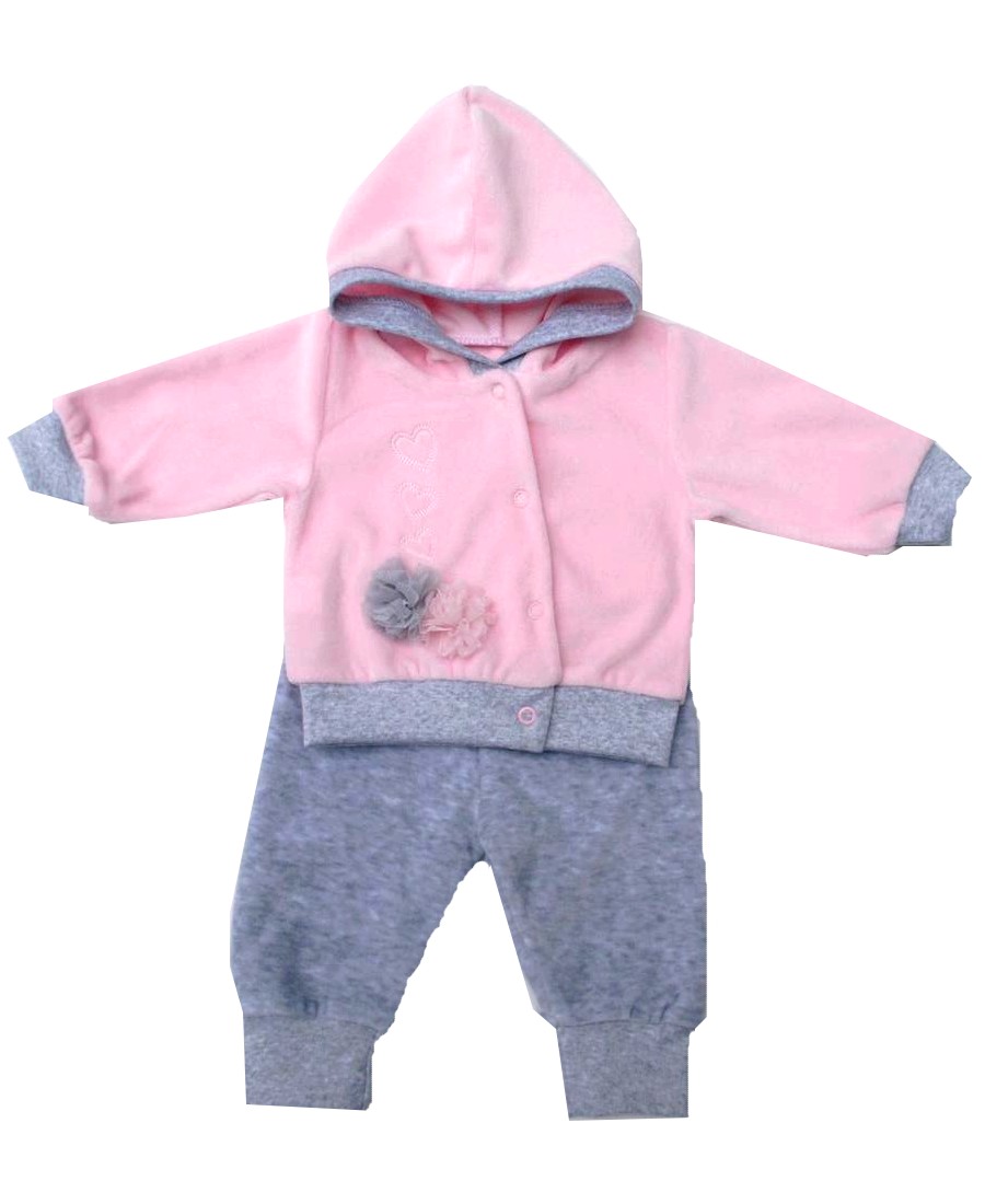 Dívčí sametová souprava růžovo/šedá s kapucí a kytičkami 