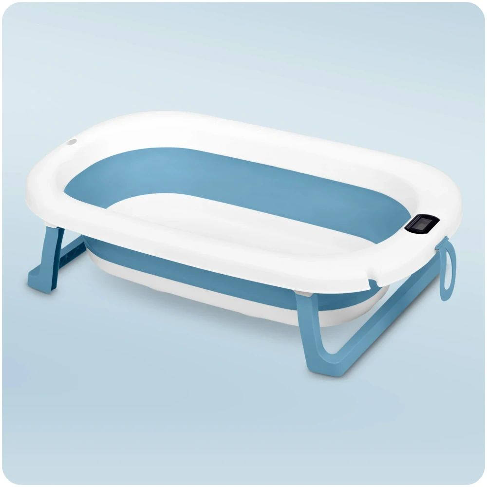 Skládací vanička pro děti a kojence s teploměrem a vložkou bílo-modrá