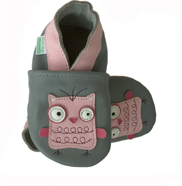 Dětské celokožené capáčky Hopi Hop BAREFOOT Sovička růžová vel.18-24m
