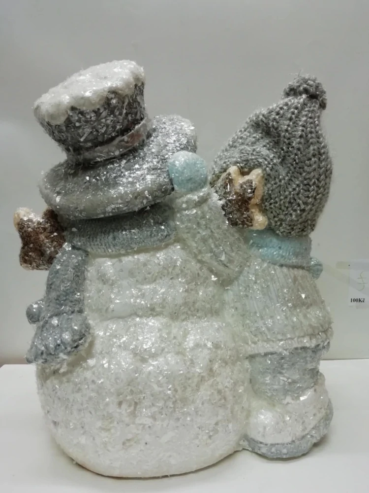 Dekorace -  Kluk v čepici a zásněžený sněhulák LED svítící 39x35cm