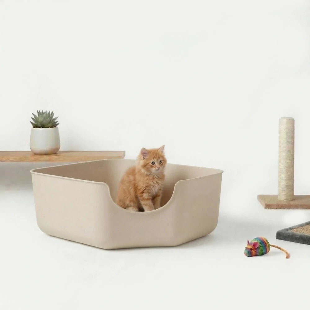 Carinio ROH otevřená toaleta pro kočky s koženou rukojetí a lopatkou - béžová