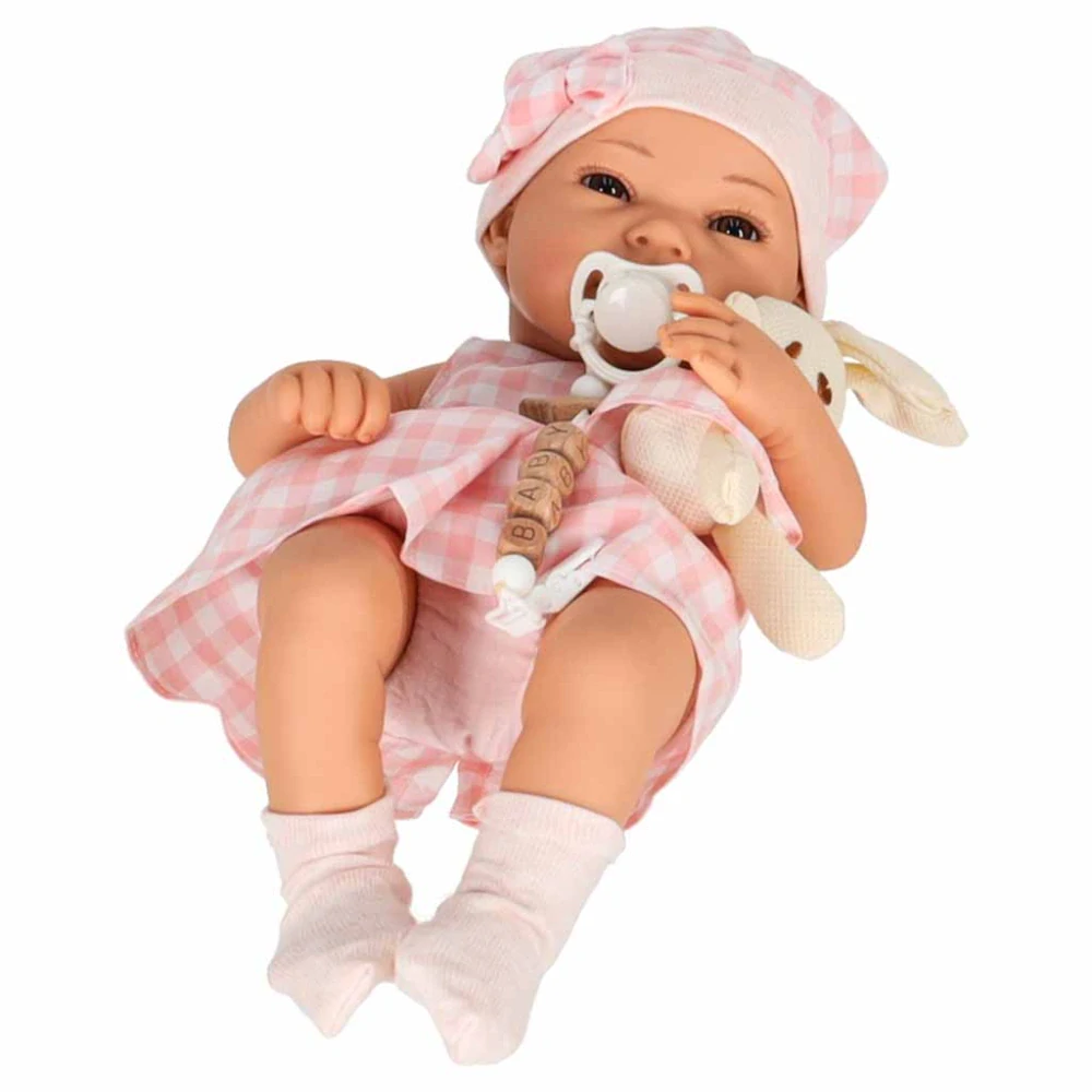 Realistická panenka miminko Lovely Baby 38cm v látkovém nosítku s králíčkem - růžová