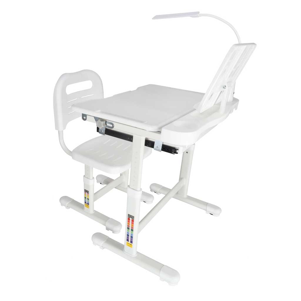Ergonomický dětský psací stůl s nastavitelnou výškou, židlí a LED lampičkou - bílý