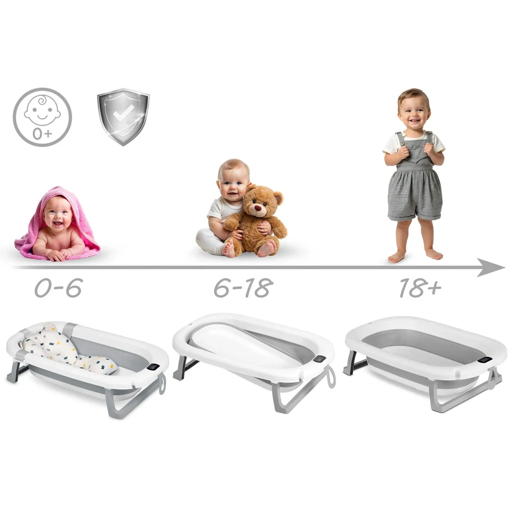 Skládací vanička pro děti a kojence s teploměrem a vložkou bílo-růžová