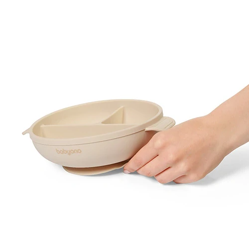 Silikonový dělený talířek s přísavkou a víkem béžový