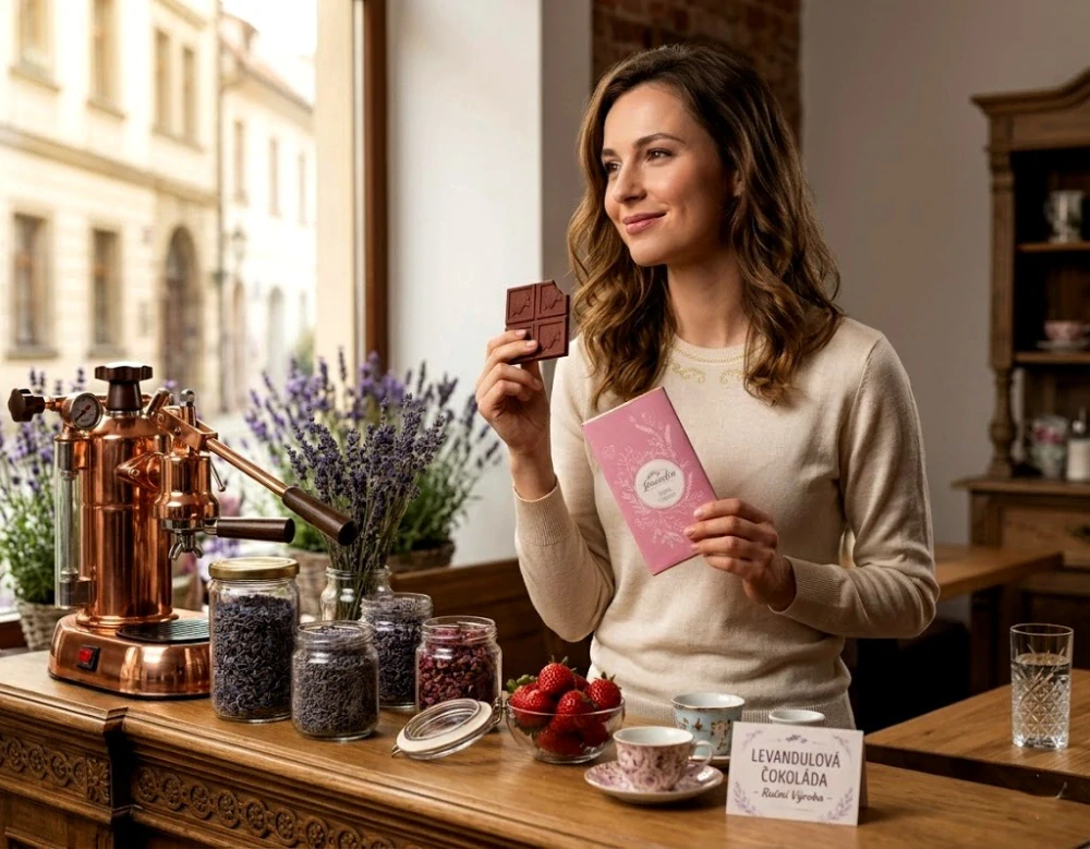 BIO Bílá čokoláda s jahodami a LEVANDULÍ