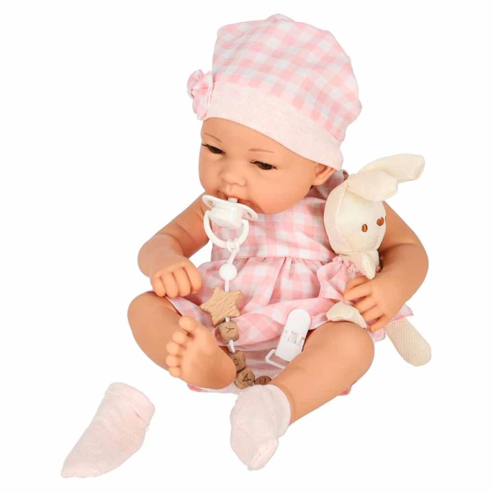 Realistická panenka miminko Lovely Baby 38cm v látkovém nosítku s králíčkem - růžová
