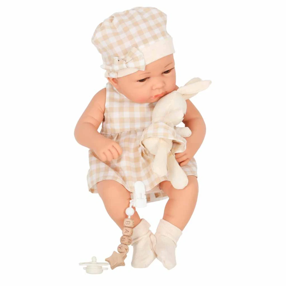 Realistická panenka miminko Lovely Baby 38cm v látkovám nosítku s králíčkem - béžová