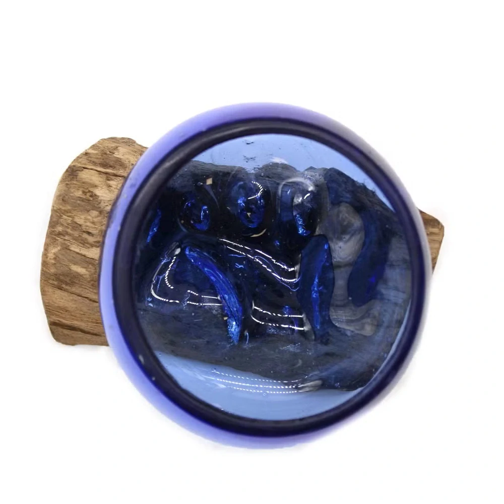 Dekorace Tavené Sklo na Dřevě - Mini Modrá Miska 12cm