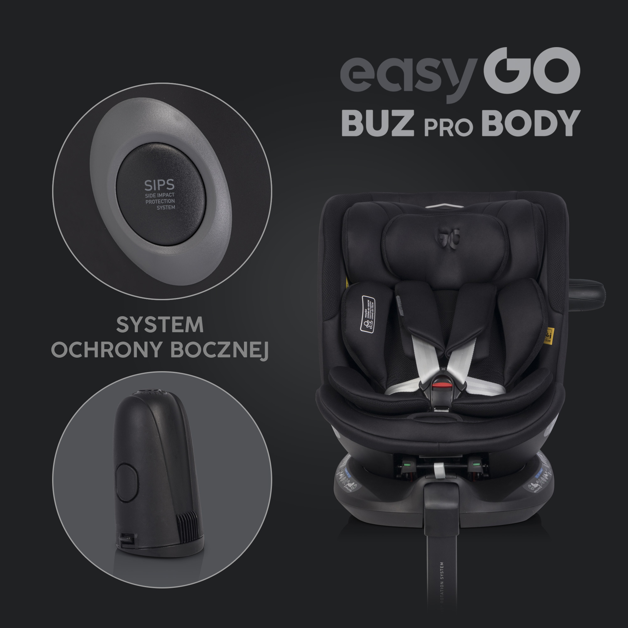 Sada autosedaček EasyGo Buz Pro a Buz Pro Body Black Ink 2v1 + otočná báze