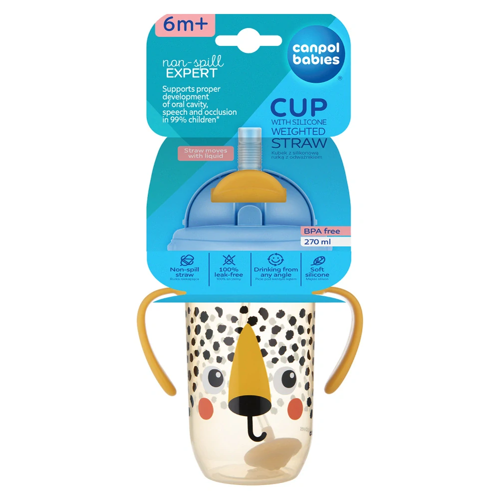 Canpol babies Hrneček nevylévací se slámkou a závažím BabiesBoo 270ml gepard