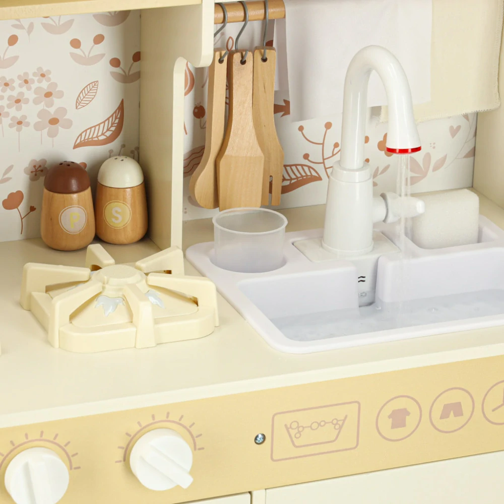 DŘEVĚNÁ KUCHYŇKA PRO DĚTI PASTELOVÁ 90CM - VODA, SVĚTLO, ZVUK