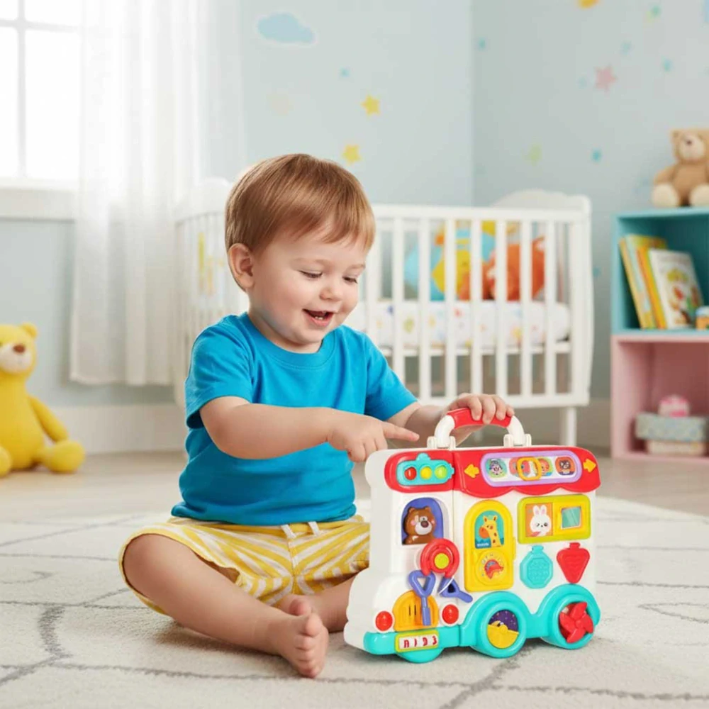 MANIPULAČNÍ DESKA 3V1 AUTOBUS – Senzorická Hračka & Cestovní Busy Board pro Batolata (18m+)