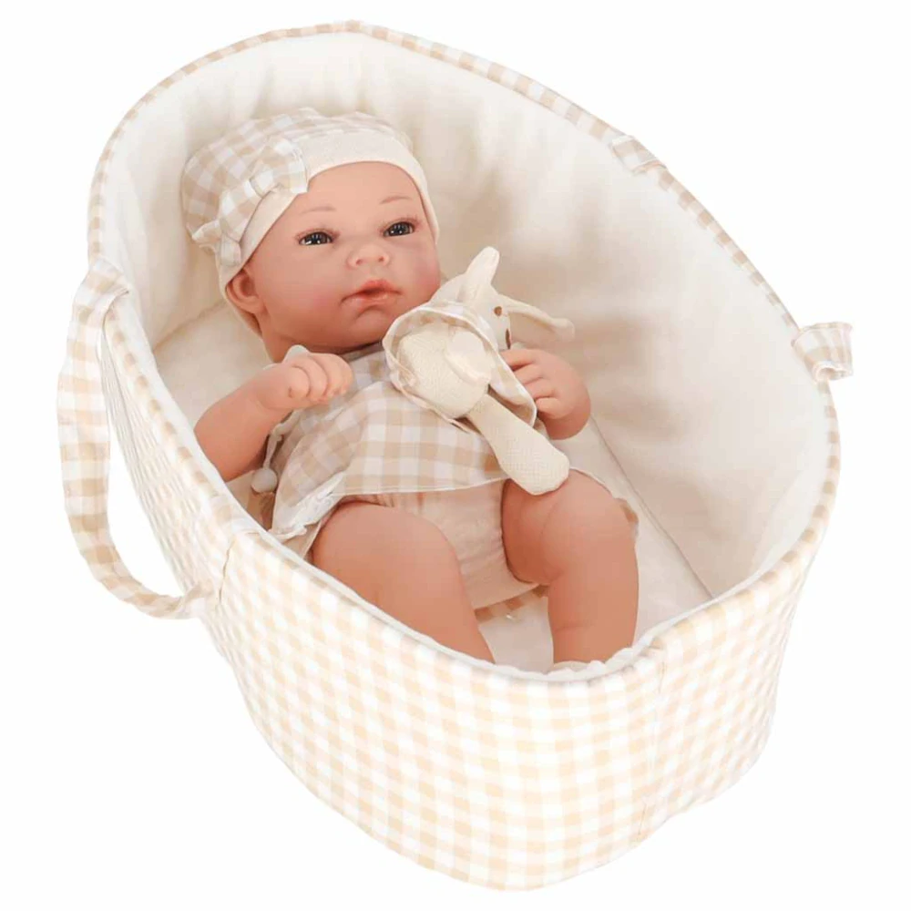 Realistická panenka miminko Lovely Baby 38cm v látkovám nosítku s králíčkem - béžová