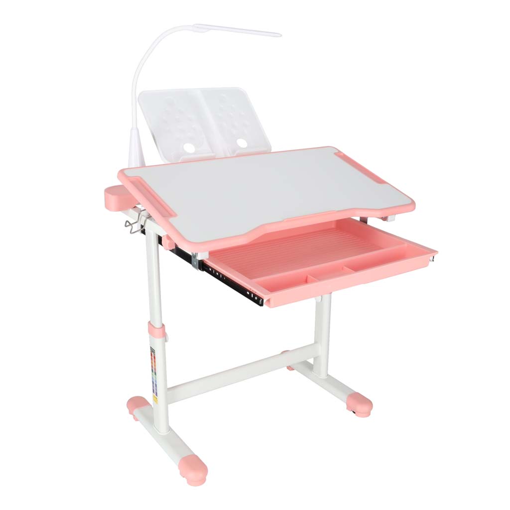 Ergonomický dětský psací stůl s nastavitelnou výškou, židlí a LED lampičkou - bílo-růžový