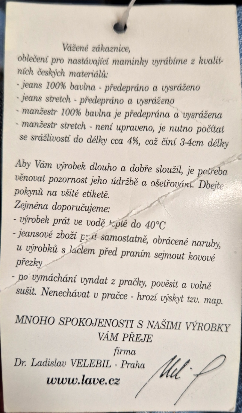 Těhotenská móda - těhotenské kalhoty s gumou v bříšku sv.modré jeans vel. 36