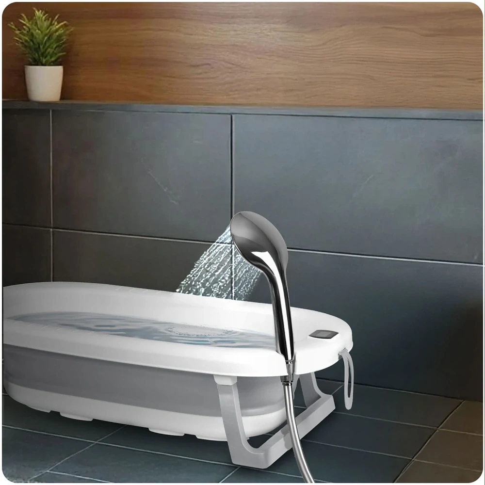 Skládací vanička pro děti a kojence s teploměrem a vložkou bílo-růžová