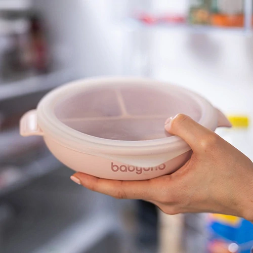 Silikonový dělený talířek s přísavkou a víkem růžový