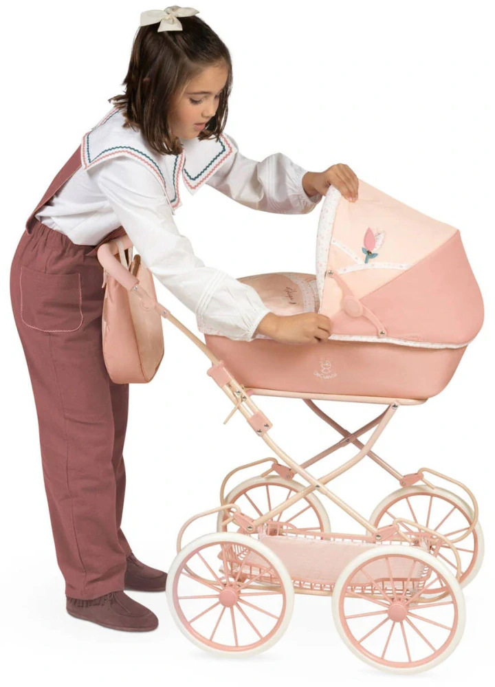 Dětský luxusní skládací kočárek pro panenku DeCuevas s taškou Tulipe lososový