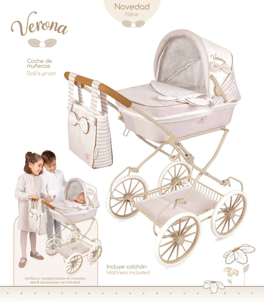 Dětský luxusní skládací kočárek pro panenku DeCuevas Verona s taškou a doplňky bílo-růžový
