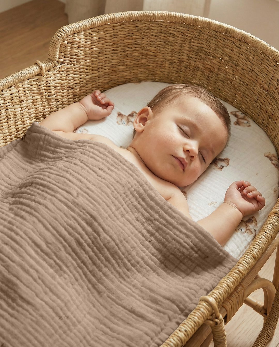 Sada mušelínových prostěradel do kočárku – Vintage Teddy & Caramel (2 ks)