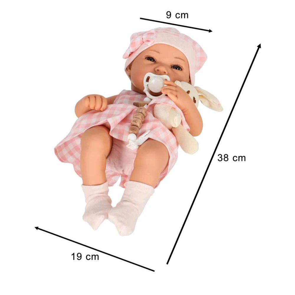 Realistická panenka miminko Lovely Baby 38cm v látkovém nosítku s králíčkem - růžová