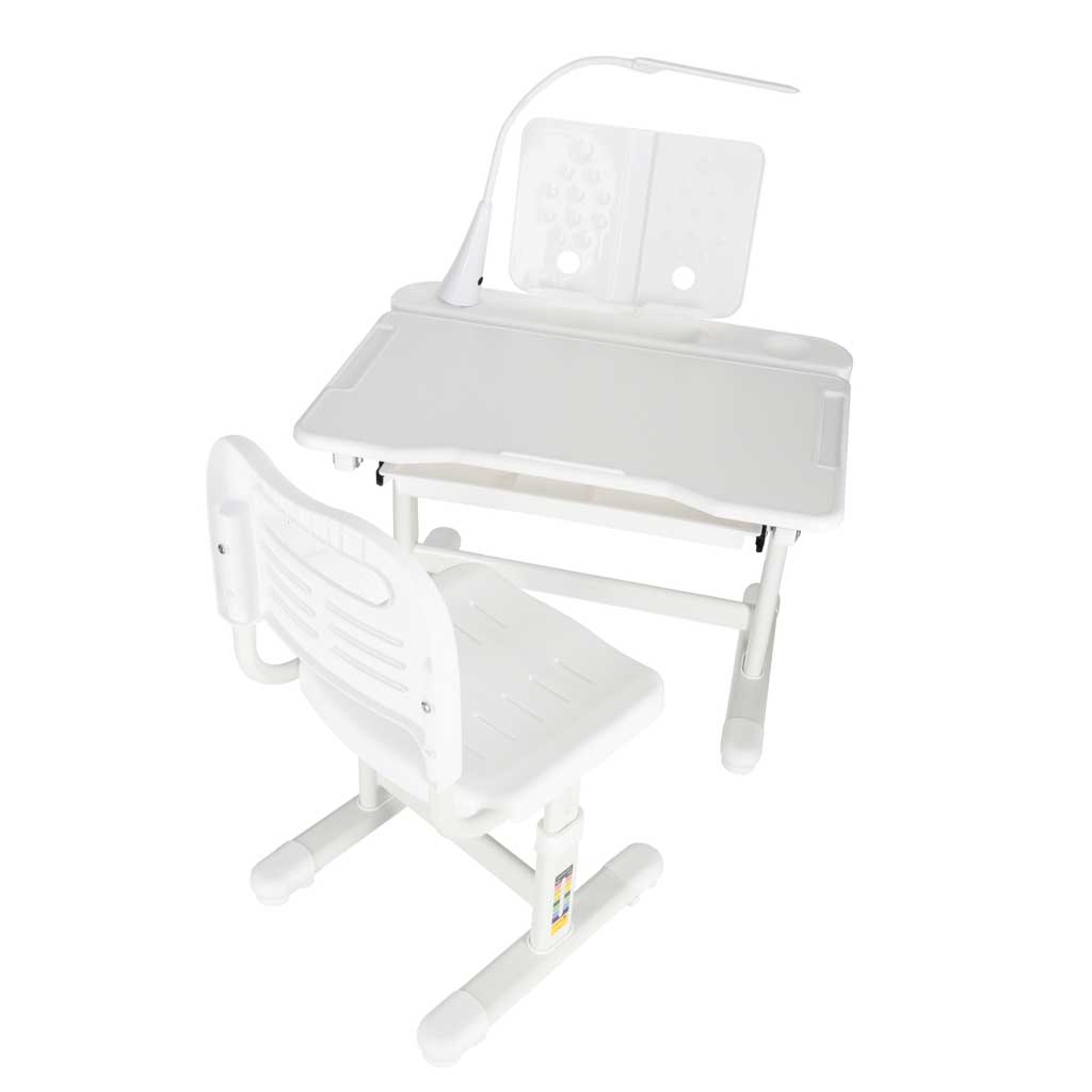 Ergonomický dětský psací stůl s nastavitelnou výškou, židlí a LED lampičkou - bílý