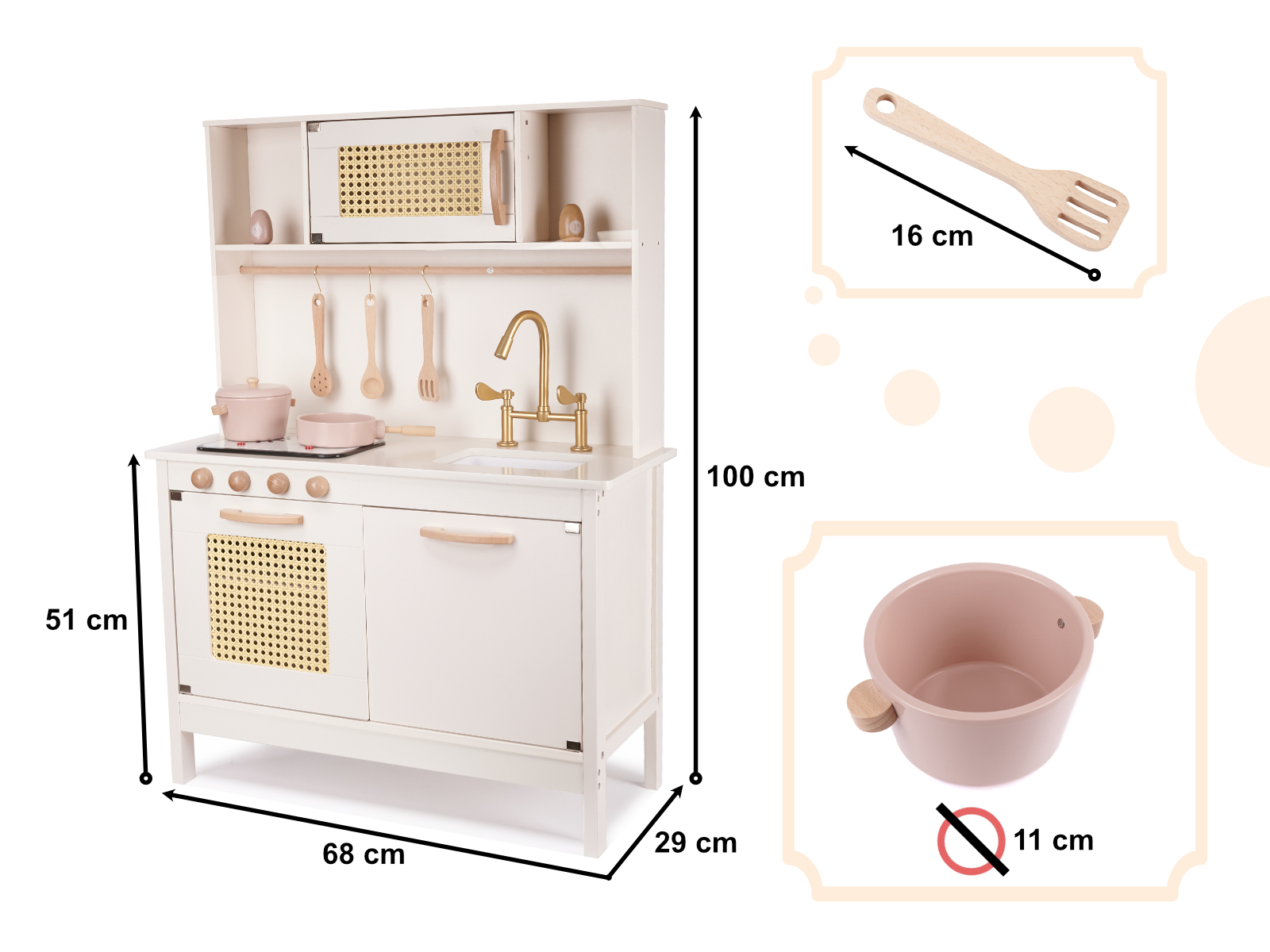 RETRO MDF DŘEVĚNÁ KUCHYŇKA PRO DĚTI S DOPLŇKY BOHO, 100 CM