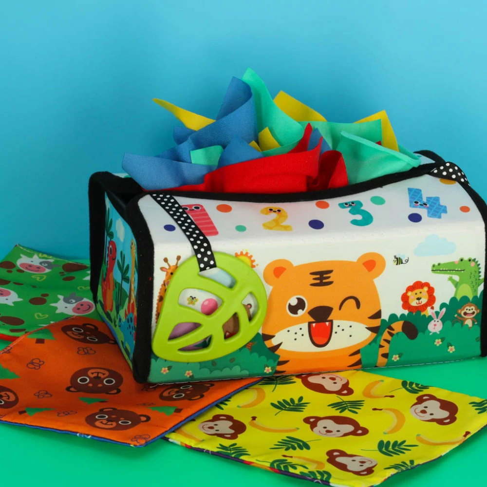 Třídicí box s kapesníky senzorická podložka Montessori 2v1