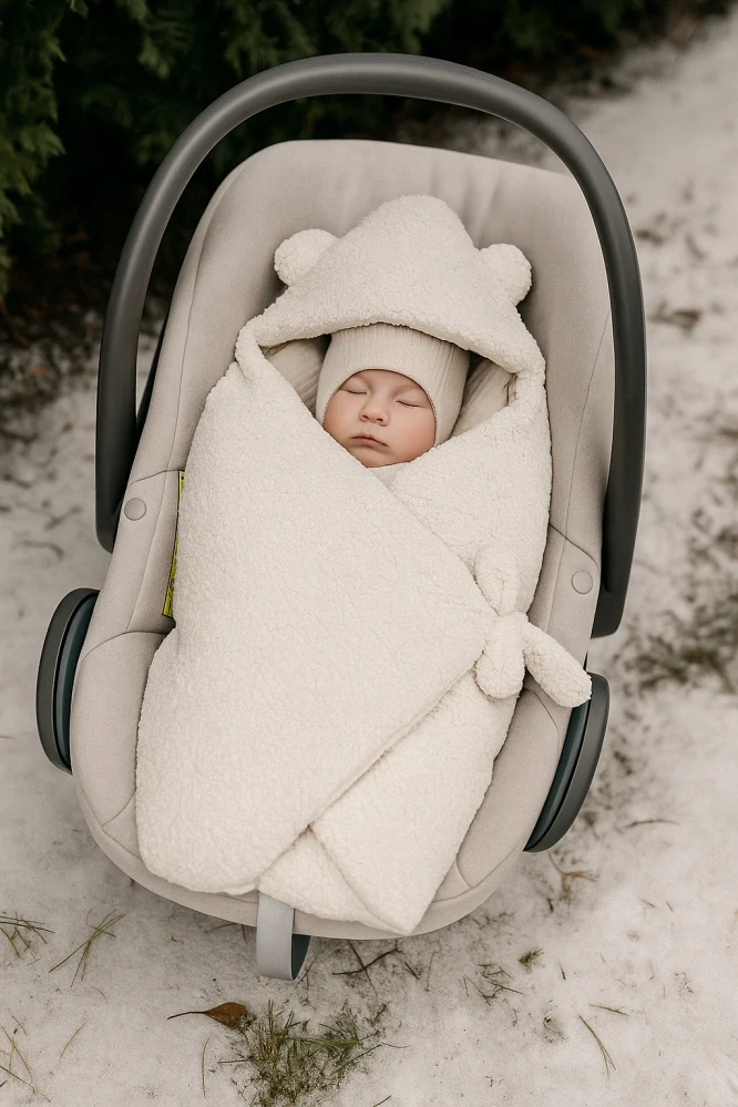 Prémiová Zimní Zavinovací Deka/Fusak do Autosedačky Cotton Muslin & Bouclé karamel