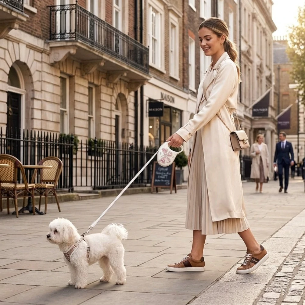 Luxusní samonavíjecí vodítko Flexi Splash Leaf S 3m – Swarovski edice perleťová bílá