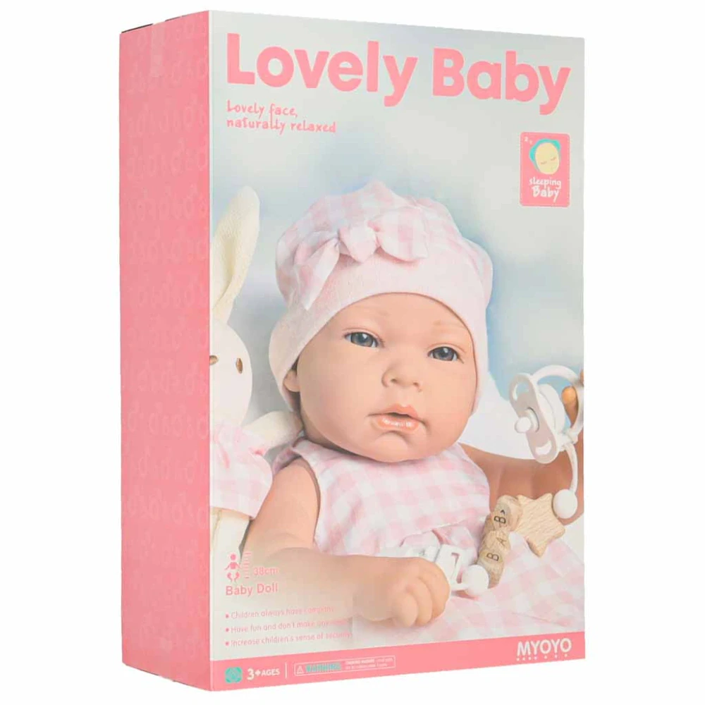Realistická panenka miminko Lovely Baby 38cm v látkovém nosítku s králíčkem - růžová