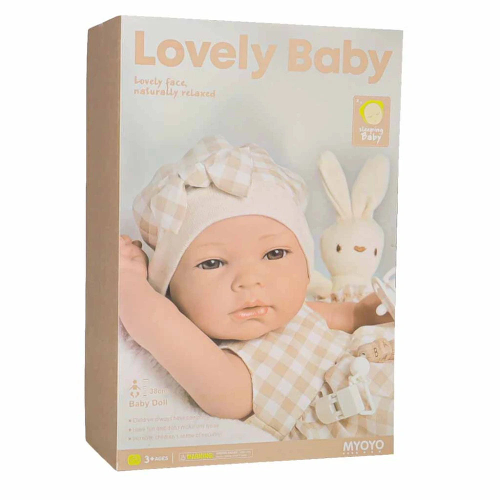 Realistická panenka miminko Lovely Baby 38cm v látkovám nosítku s králíčkem - béžová