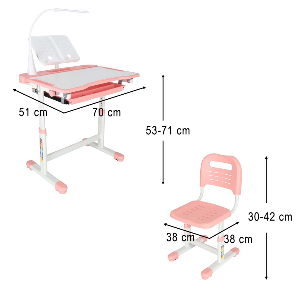 Ergonomický dětský psací stůl s nastavitelnou výškou, židlí a LED lampičkou - bílo-růžový